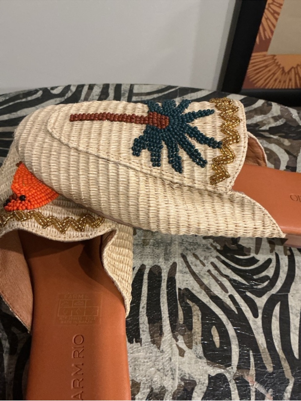 FARM Rio Macaw Beige Woven Slip-On Mules w/Beaded Palm Tree & Parrot, NIB, 10/42 - Picture 8 of 13